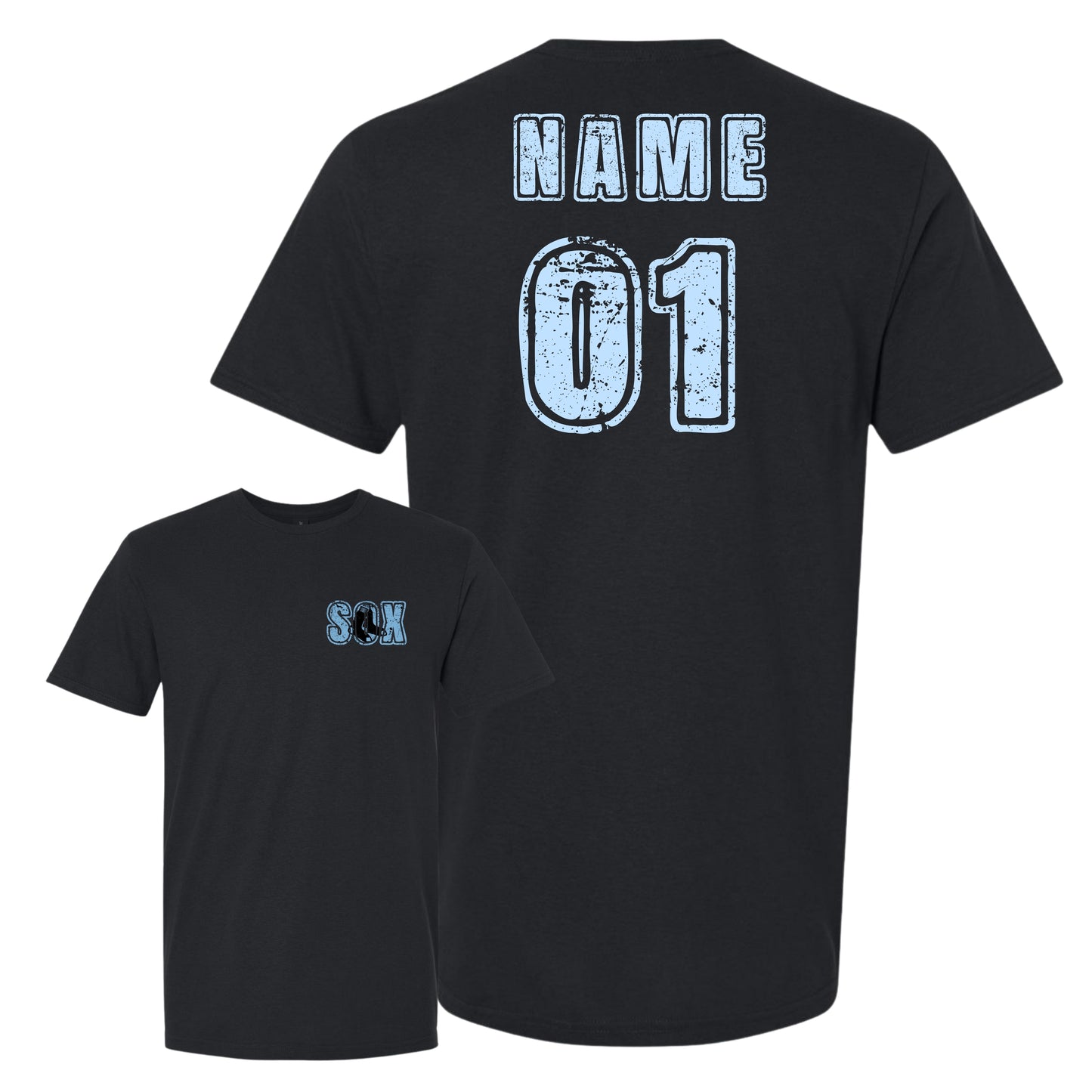 Bigbie’s BlackSox Distressed SOX Pocket Size Front w/ Custom Back Unisex Tee (Blue Edition)